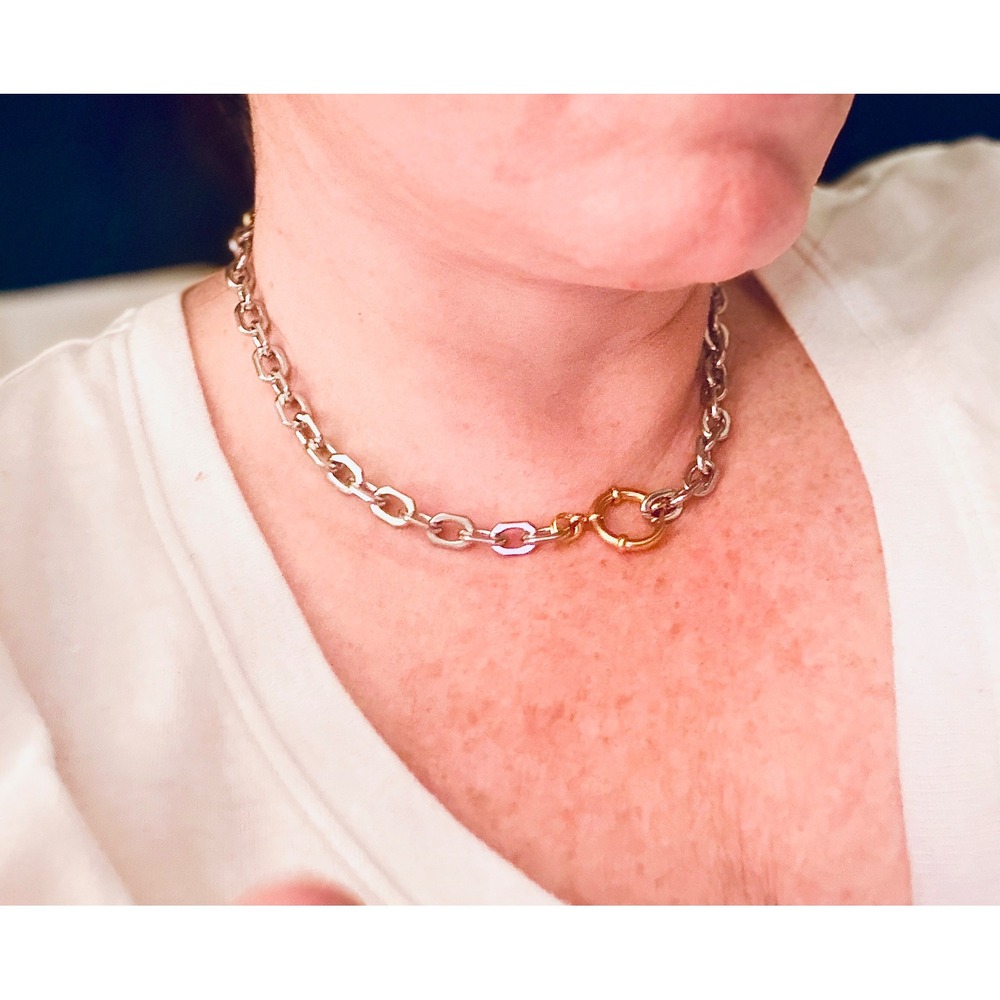 Two Tone Chunky Chain Link Necklace Gold Silver Mixed Metal Sailor Clasp Choker - Picture 8 of 10